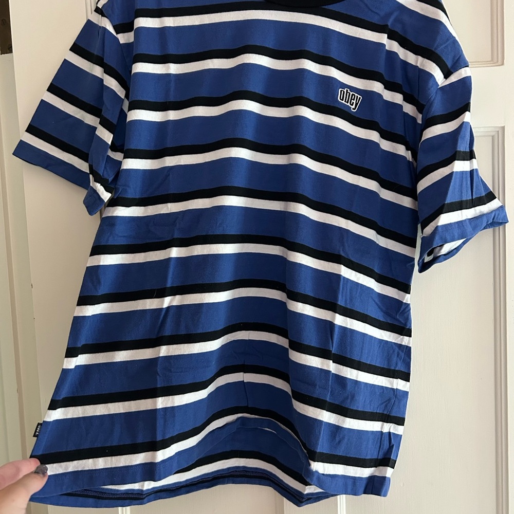 Obey Blue and White Striped Tee